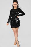 Black Celebrities Cap Sleeve Long Sleeves O neck Step Skirt skirt Solid Long Sleeve Dresses