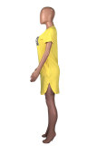 Light Blue Fashion adult Street Pink Yellow Light Blue purple Cap Sleeve Short Sleeves O neck Pencil Dress Knee-Length Print Patchwork Leopard Pocket Dresses
