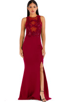 Red Sexy Tank Short Sleeves O neck Step Skirt Floor-Length Solid Club Dresses