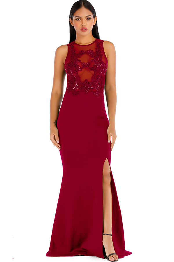 Red Sexy Tank Short Sleeves O neck Step Skirt Floor-Length Solid Club Dresses