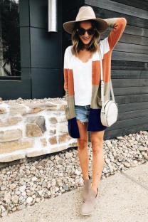 Orange and apricot colour knitting cardigan Long Sleeve Striped 