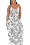 Green Fashion Casual Grey Green Yellow Spaghetti Strap Sleeveless Slip Swagger Floor-Length Print Dresses