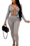 Wine Red Street Solid Hollowed Out See-through U Neck Long Sleeve Short Two Pieces