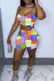 Yellow Sexy Casual Print Backless Spaghetti Strap Sleeveless Two Pieces
