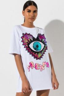 White Fashion Casual Cap Sleeve Short Sleeves O neck Slim Dress Mini Character eye asymmetrical
