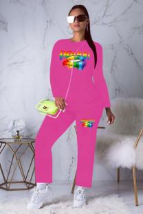 rose red adult Active Fashion Casual Lips Print Print Two Piece Suits Solid pencil Long Sleeve Two