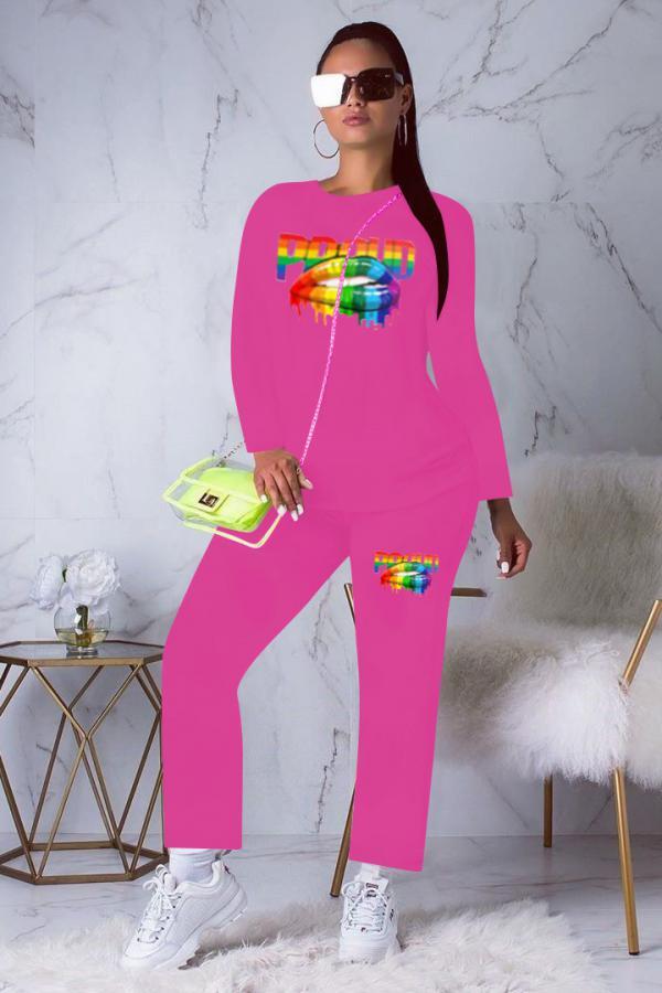 rose red adult Active Fashion Casual Lips Print Print Two Piece Suits Solid pencil Long Sleeve Two