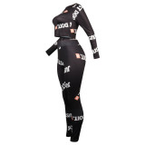 Blue Spandex Elastic Fly Long Sleeve Mid Letter Skinny Pants