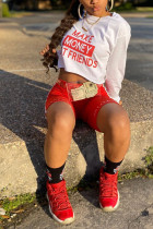Red Casual Letter Print Solid Straight Long Sleeve Two Pieces