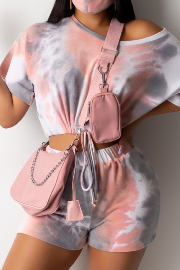 Pink Casual Patchwork Tie-dye One Shoulder Short Sleeve Two Pieces