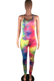 Blue Fashion street Tie-dyed Milk. Sleeveless Slip Jumpsuits