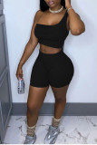 Grey Sportswear Solid Patchwork One Shoulder Sleeveless Two Pieces