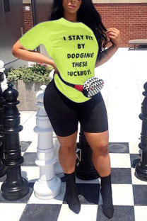 Fluorescent green Casual Letter Print Fluorescent Straight Short Sleeve Two Pieces