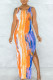 Yellow Sexy Print Patchwork Frenulum U Neck Vest Dress