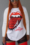 White Casual Print O Neck Mid Waist Tops