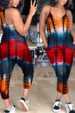 Cyanine Casual Print Patchwork Pocket Spaghetti Strap Loose Jumpsuits