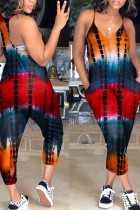 Orange Casual Print Patchwork Pocket Spaghetti Strap Loose Jumpsuits