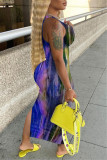 Red Fashion Sexy Print Tie Dye Slit U Neck Vest Dress