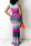 Blue Fashion Sexy Print Basic Half A Turtleneck Sleeveless Dress
