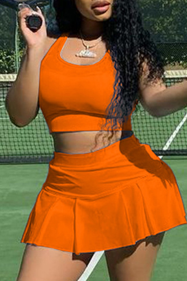 Orange Casual Sportswear Solid Basic U Neck Sleeveless Two Pieces