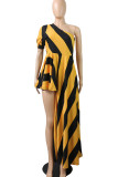Red Street Striped Print Patchwork Asymmetrical Oblique Collar Irregular Dress Dresses