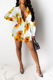 White Casual Print Patchwork Turndown Collar Shirt Dress Dresses