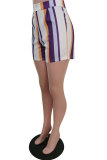 Hide Blue Fashion Casual adult Striped Patchwork Print ruffle Two Piece Suits Straight Half Sleeve Two Pieces