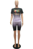 Black Fashion Casual adult Letter Patchwork Print Two Piece Suits Lips Print pencil Short Sleeve Two Pieces