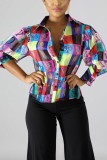 colour Chemical fiber blend Mandarin Collar Long Sleeve Plaid Print Tops