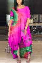 rose red Milk. Fashion adult Ma'am Street Cap Sleeve Short Sleeves O neck Princess Dress Floor-Length Print Tie and dye asymmetrical Dresses