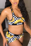 Yellow Fashion adult OL Patchwork Print Two Piece Suits Straight Sleeveless Two Pieces