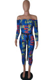Blue Drawstring Mid Print Skinny Capris Jumpsuits & Rompers