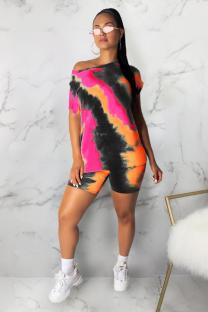 Orange Fashion Casual Two Piece Suits Tie Dye asymmetrical Loose Short Sleeve Two-Piece Short Se