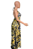 Gold Sexy England Sleeveless Halter Neck Swagger Floor-Length Print bandage hollow out Dresses