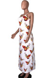White Fashion Street White Brown Yellow Spaghetti Strap Sleeveless V Neck Pencil Dress Floor-Length Print Floral Animal Dresses