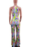 Colour Elegant Print Patchwork Frenulum O Neck Straight Jumpsuits