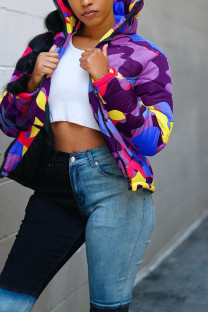 purple Turtleneck Camouflage Print Zippered Patchwork Spandex Print Long Sleeve Blazer & Suits &Jacket