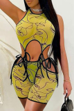 Rose Red Sexy Print Hollowed Out U Neck Sleeveless Two Pieces