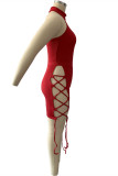 Red Sexy Solid Hollowed Out Backless Halter Skinny Romper