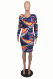 Multicolor Fashion Casual Print Basic O Neck Long Sleeve Dresses