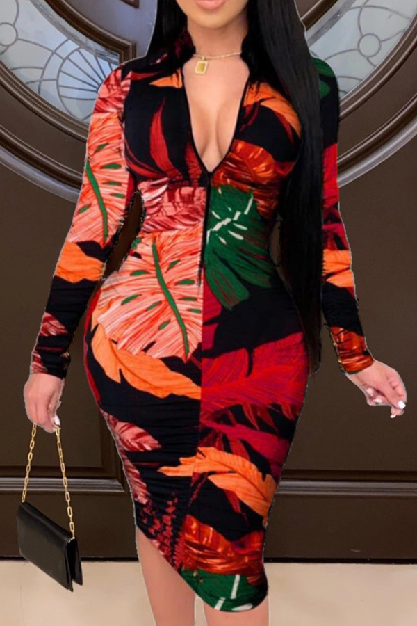 Red Fashion Casual Print Basic Zipper Collar Printed Dress
