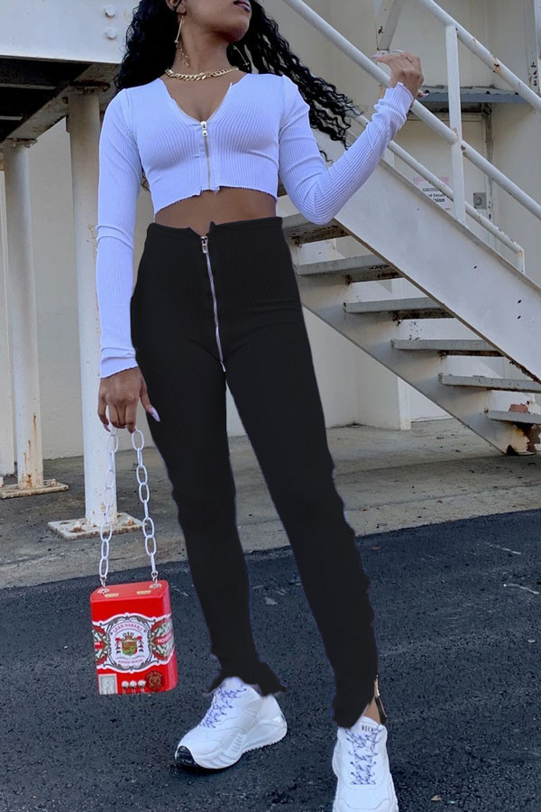 Black White Black Green Pink Apricot Orange purple Zipper Fly High Solid Zippered Boot Cut Pants Bottoms
