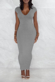 Grey Sexy Solid High Opening Zipper U Neck Pencil Skirt Dresses