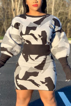 White Sexy Print Patchwork O Neck Long Sleeve Two Pieces