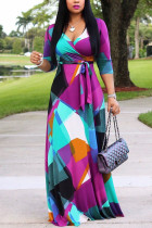 purple Modaier Fashion adult Ma'am Lightly cooked Cap Sleeve 3/4 Length Sleeves V Neck Swagger Floor-Length Print Dresses