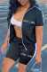 Black Casual Sportswear Letter Embroidered Patchwork Zipper Collar Short Sleeve Two Pieces