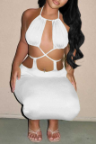 White Sexy Solid Hollowed Out Halter Pencil Skirt Dresses