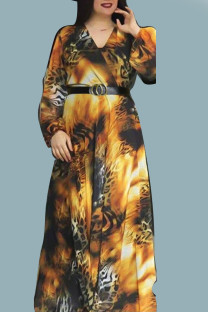 Yellow Elegant Print Patchwork V Neck Long Sleeve Plus Size Dresses