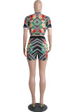 Red Sexy Fashion Patchwork Print Straight Short Sleeve Two-Piece Short Set