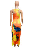 Orange FashionOff The Shoulder Sleeveless O neck Step Skirt Ankle-Length Print Patchwork Tie and dye Dresses